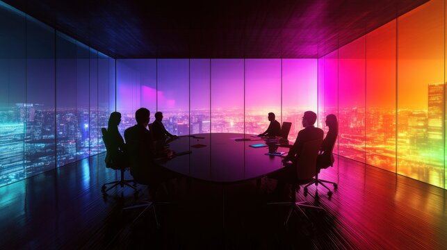 Abstract figures in a rainbow of colors brainstorming at a round table, set in a detailed, well-lit office with a panoramic city view.
