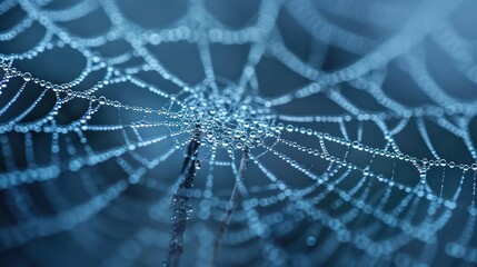 A close-up of a spider web covered in dew drops, creating a intricate and delicate pattern.