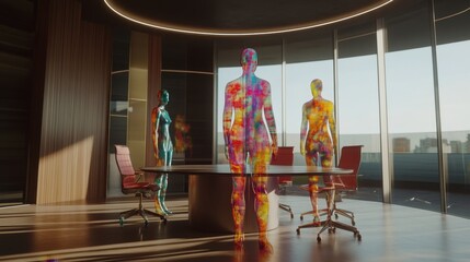 Poster - Abstract figures in multicolored patterns brainstorming around a round table in a sleek, modern office environment with creative details.