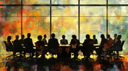 Sticker - Abstract figures in vivid hues brainstorming around a round table in a spacious, open office with large windows and a vibrant atmosphere.