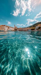 Poster - A beautiful blue ocean with a small town in the background