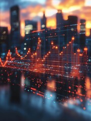 Poster - Investment growth visualized city skyline at sunset financial graphs business development urban environment aesthetic viewpoint