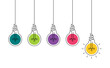 © natrot - Hanging light bulbs with one glowing on white background. Continuous line drawing light bulb. Concept of idea
