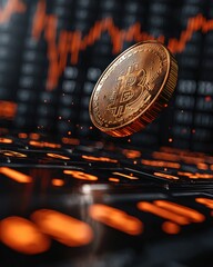 Poster - Investment in business a gold coin flipping amidst market tickers and financial data in a dynamic environment