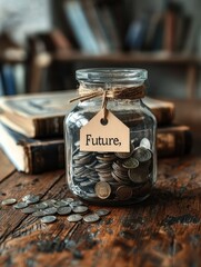 Poster - Future investment savings jar on a desk surrounded by motivational quotes for business growth and financial planning