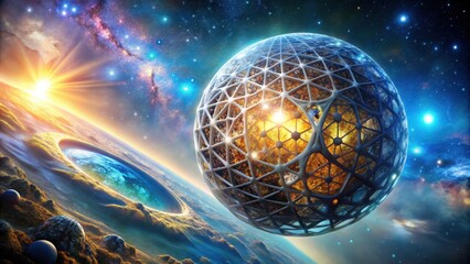 Wall Mural - a celestial sphere encased in a geometric lattice floats above a planetary surface with a vast crate