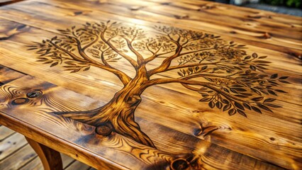 Fototapete - A wooden table with a natural wood grain design featuring an intricate tree design etched into the surface, showcasing the beauty of handcrafted woodworking