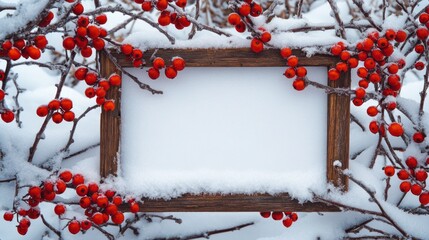 Poster - A wooden frame with a white background and red berries surrounding it