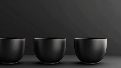 Leinwandbilder - Three black bowls are positioned in a row on a flat surface, set against a dark, monochromatic backdrop that accentuates their sleek and modern aesthetic.