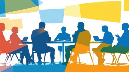 Fototapete - Multicolored abstract figures seated at a round table, engaged in a lively discussion in a realistic and brightly lit office.