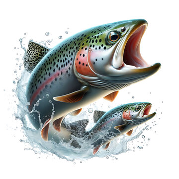 Forelle Lachs Fisch mit offenem Maul Raubfisch springt mit Wasserspritzern vor Hintergrund aus weiß, angeln fischen Sportangler Sprung angeln Raubfisch Beute Bach See Meer Fluß Süßwasser Salzwasser 