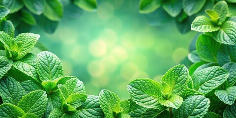 Aufkleber - A vibrant green mint plant with lush, textured leaves frames a softly blurred background, creating a natural and refreshing aesthetic.