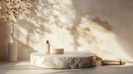 Poster - A stone pedestal with a bottle of lotion on it