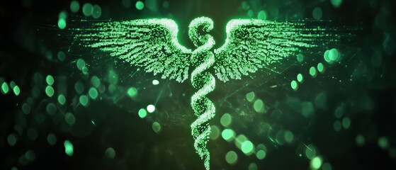 Poster - Digital art showcase glowing neon green caduceus with pixelated glitch effects virtual gallery futuristic aesthetic perspective of cyber artistry