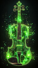 Poster - Captivating pixelated neon green violin glowing with glitching digital effects in an urban nightscape