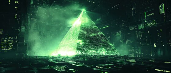 Poster - Glitchy digital art showcase neon green pyramid virtual realm 3d composition futuristic environment abstract perspective pixelated aesthetic