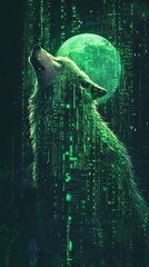 Poster - Matrix code cascading to form a neon green wolf howling against a digital skyline at night