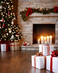 Wall Mural - Wrapped Christmas presents in front of a fireplace and Christmas tree.