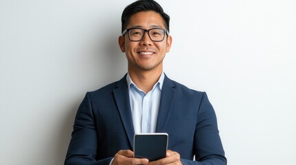 Poster - Professional man engaging with smartphone in modern office setting business environment optimizing digital communication