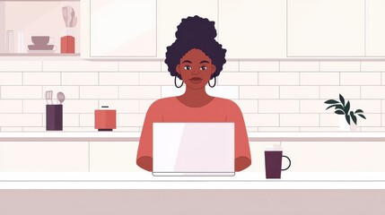 Poster - Remote work motivation young woman at home office digital workspace modern kitchen empowering focus on productivity