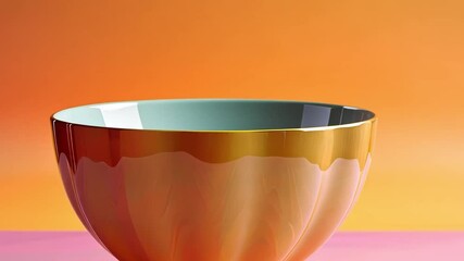 Fototapete - This striking orange bowl features a smooth, glossy surface and a pedestal base, set against a colorful pink and yellow backdrop, emphasizing its contemporary aesthetic.