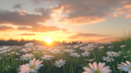 Poster - A field of white flowers with a bright sun in the background