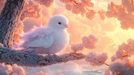 A cute face on a happy a white dove wearing feathers dress of pastel iridescent, lives on a big tree in the sky on top of river, in the style 