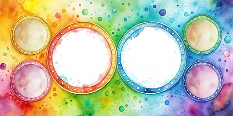 Aufkleber - A rainbow watercolor background with circular frames with white polka dots and a splatter effect