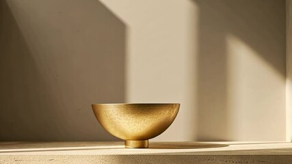 Poster - A golden bowl stands alone on a minimalist shelf, illuminated by warm afternoon light. The soft shadows enhance the bowl's texture and design, creating a serene atmosphere.