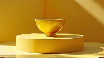 Aufkleber - A vibrant yellow ceramic bowl rests on a circular pedestal in a sunlit room, showcasing a striking interplay of color and shadow, enhancing the minimalist aesthetic.