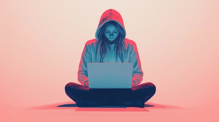 Poster - Young woman working on laptop indoor space digital art modern environment focused viewpoint empowerment concept