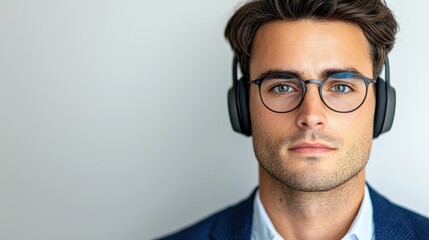 Poster - Young professional wearing headphones office space portrait modern environment close-up focused on sound and productivity