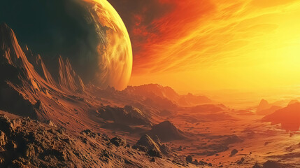 Wall Mural - landscape of an alien planet, beautiful view of red desert on another planet, fictional sci-fi backg
