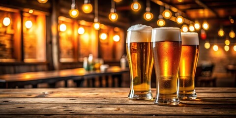 Poster - Three frosty glasses of beer on a wooden table with a warm and inviting pub background.