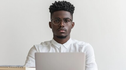 Poster - Focused professional working on laptop in modern office business context minimalist environment close-up perspective