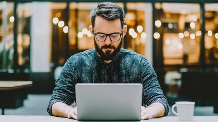 Poster - Focused professional working on laptop in modern cafe digital workspace urban environment productive mindset