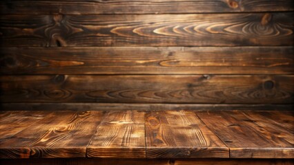 Poster - Rustic wooden table with a blurred background of weathered planks, perfect for showcasing your product or design.