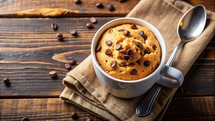 Poster - A freshly baked coffee cake, topped with roasted beans, sits in a white mug on a rustic wooden table with a linen napkin and a silver spoon.