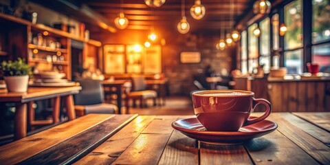 Poster - A single cup of coffee sits on a wooden table in a cozy cafe setting, bathed in warm light filtering through large windows