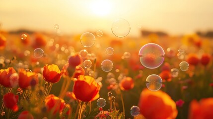 Wall Mural - Sunset Bubbles Over Poppy Field