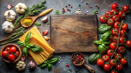 Poster - A rustic wooden cutting board surrounded by fresh ingredients like cherry tomatoes, garlic, basil, and pasta, ready for a delicious culinary creation.