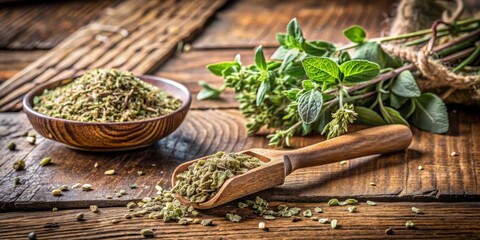 Aufkleber - A rustic wooden scoop filled with dried oregano, alongside fresh green sprigs on a weathered wooden surface. The herbs are ready for use in culinary creations.