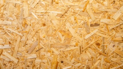 Aufkleber - Close-up of a brown and beige woodchip composite board surface, showing the compressed wood shavings, revealing a natural and organic texture.