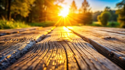 Poster - A Close-Up View of a Wooden Surface with the Golden Hues of a Sunset Reflecting on its Grain