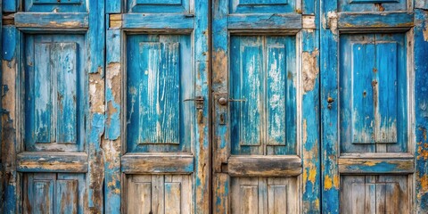 Aufkleber - A weathered double wooden door painted blue with peeling paint and a worn metal handle