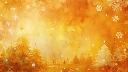 Poster - A Festive Watercolor Christmas Tree Landscape with a Golden Background and Sparkling Snowflakes