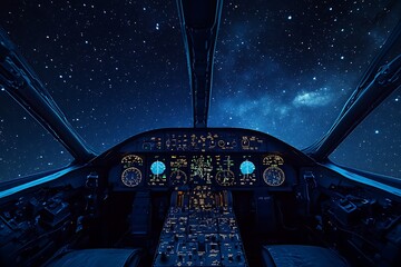 Poster - Cockpit view of an aircraft in a starry night sky, showcasing advanced instrumentation.