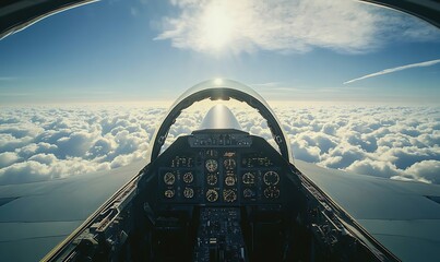 Poster - Cockpit view of a jet flying above fluffy clouds under a bright sun.