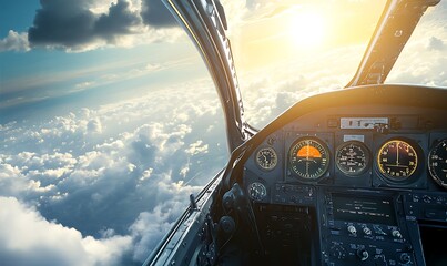 Poster - Cockpit view from an aircraft soaring above the clouds at sunrise.