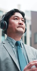 Poster - Japanese, business man and city with phone, music and headphones for kpop playlist. Digital, social media and audio with attorney, morning commute and urban road with technology and web scroll